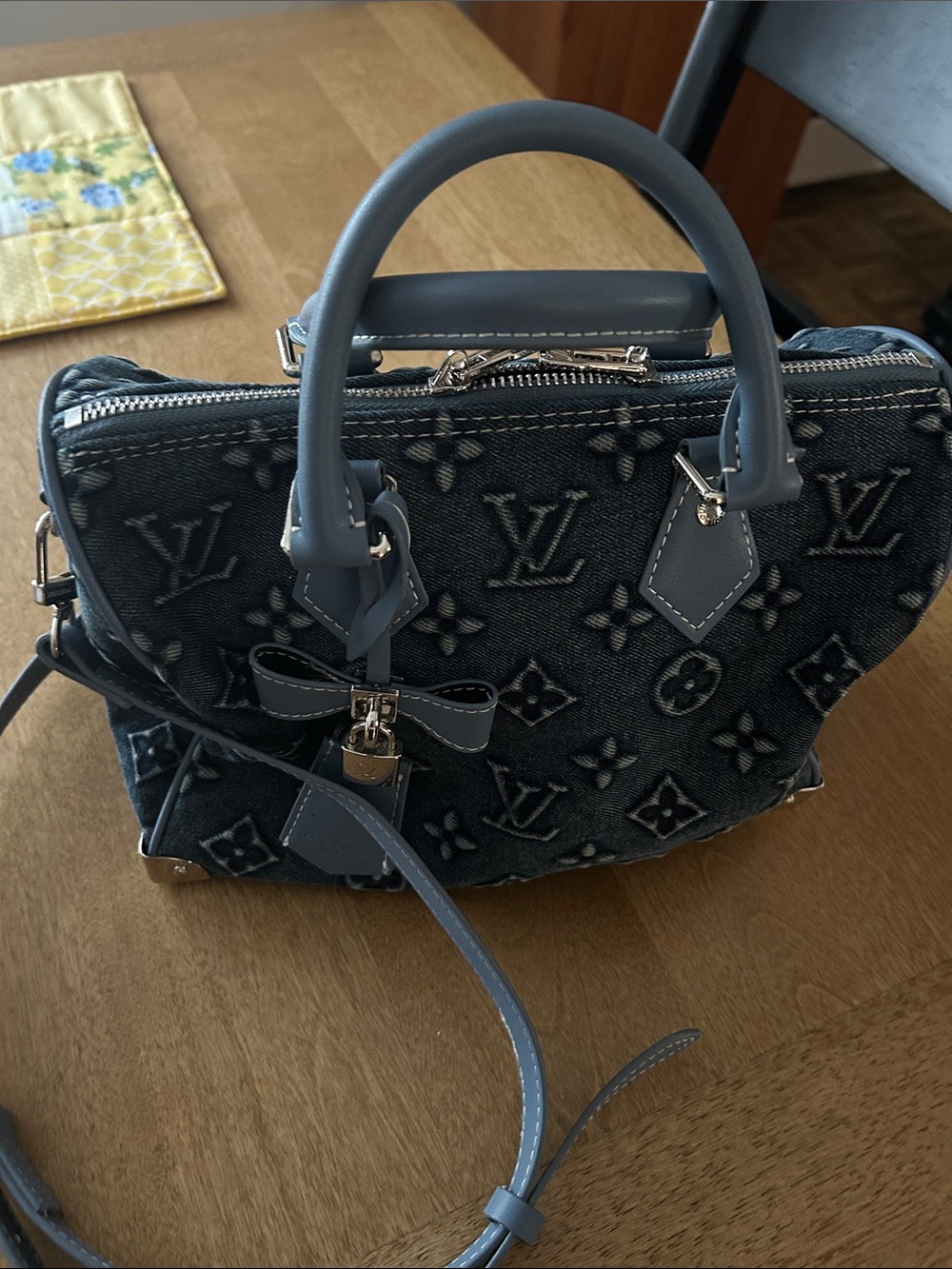 Dark Blue Denim Monogram Satchel with Shoulder Strap.  Size 25 - Picture 2 of 9